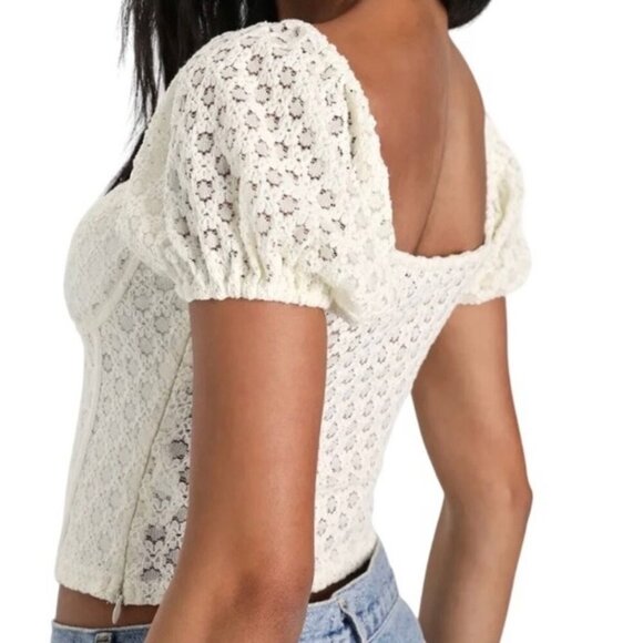 Lulus Womens Romantic Darling Lace Puff Sleeve Corset Top For Women Cream Size L - Picture 2 of 8